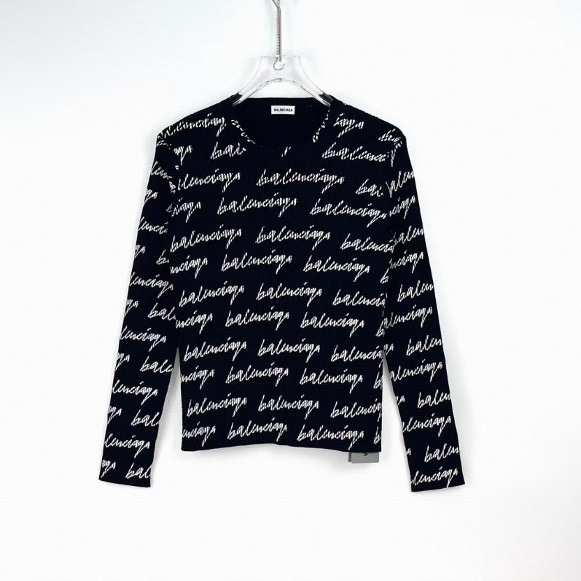 全新未使用 Balenciaga/巴黎世家 圆领满印logo针织衫 黑色/XL