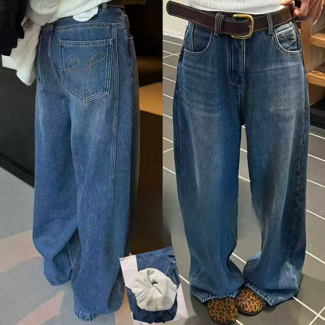 【YEZI家】 秋冬新款 加厚复合绒阔腿牛仔裤6670-8