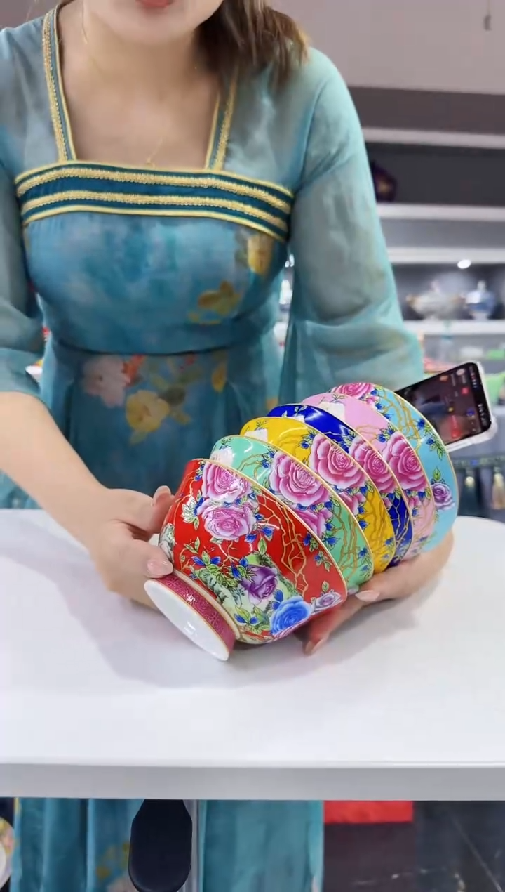 珐琅 4.7英寸花口碗6个景德镇陶瓷混色  