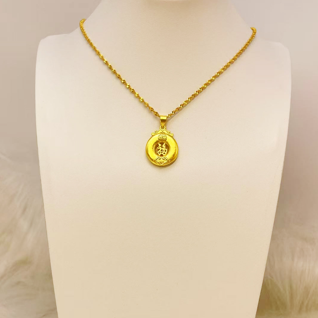 铜合金项链 新中式镀K金招财安扣福字牌项链古法百搭简约锁骨链