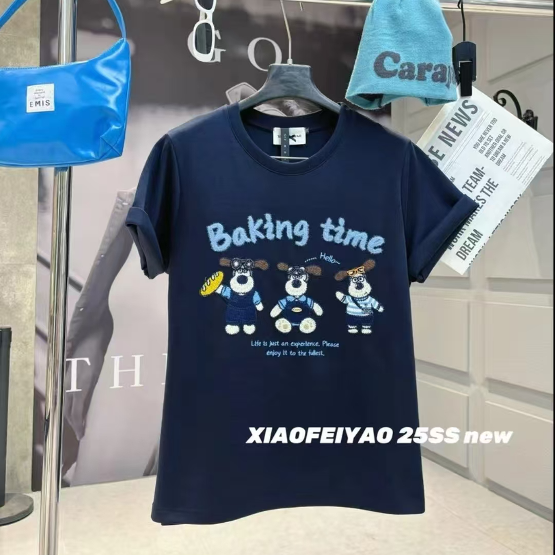 冬季新款大码圆领正肩常规款重工刺绣狗狗半袖T恤26369卡通