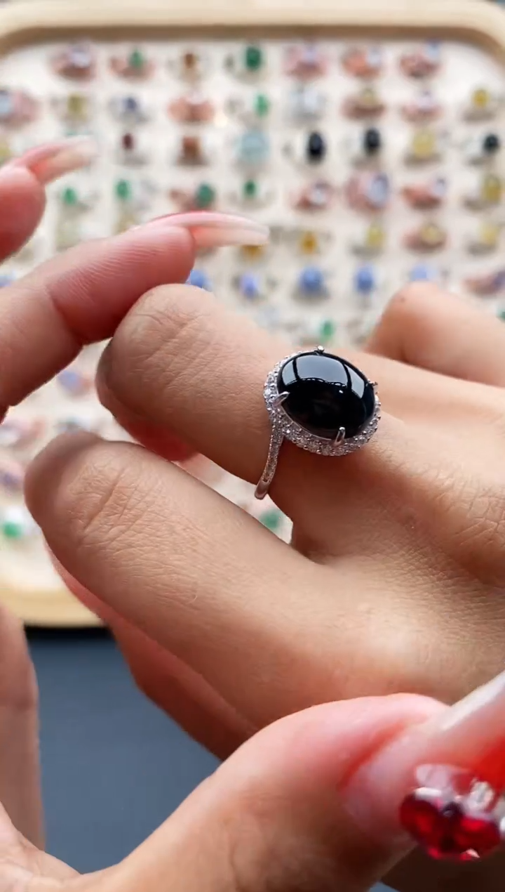 【闪购商品】翡翠戒指银S925镶嵌缅甸天然A货翡翠333 7+6