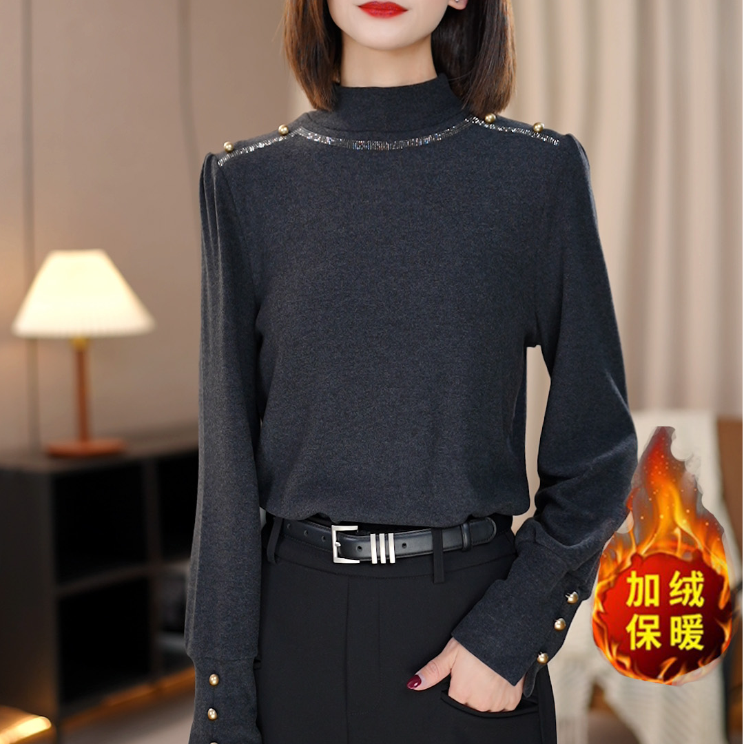 冬季新款加绒加厚烫钻钉珠设计感女2024秋装爆款打底衫内搭百搭