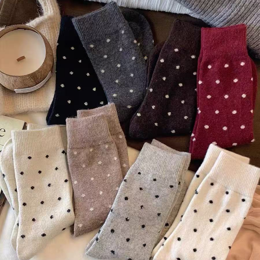 【买五双送三双】咖色袜子男女秋冬季中筒袜日系波点加厚保暖堆堆