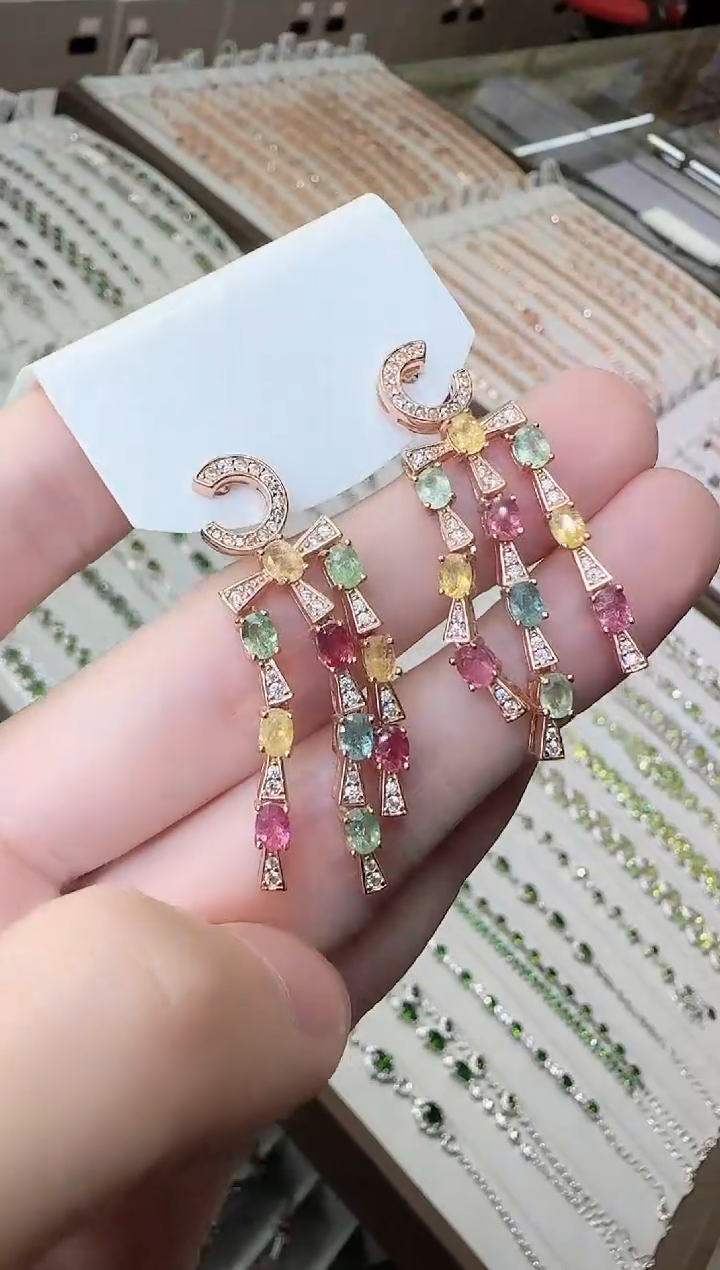 碧玺耳饰银S925镶嵌3*5mm耳坠新中式