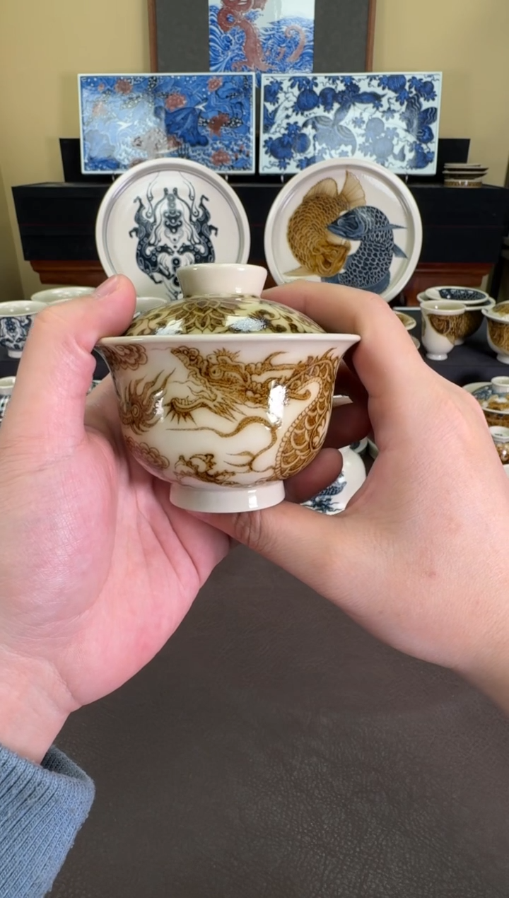 【闪购商品】瓷片二号釉1351龙纹元宝盖碗