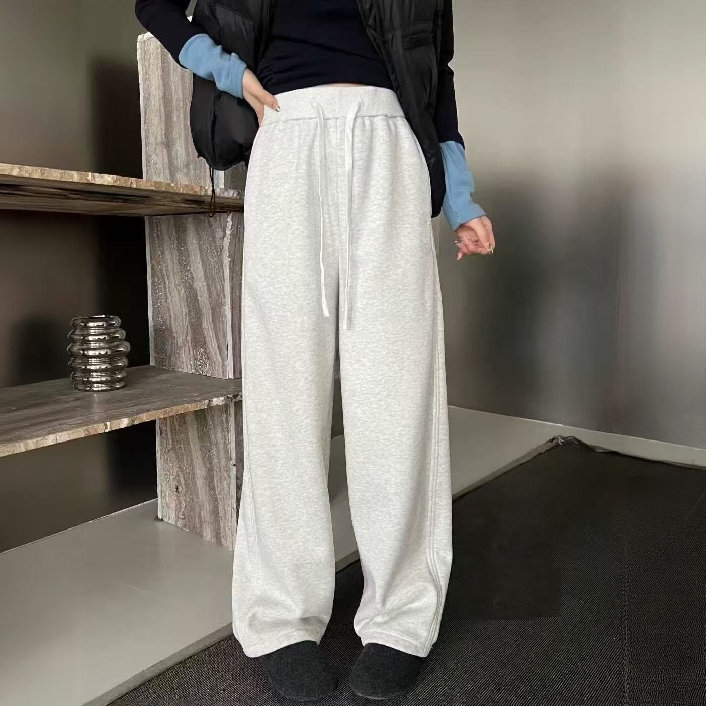 Manmi   刺绣标松紧腰加绒阔腿裤  25108（K3）