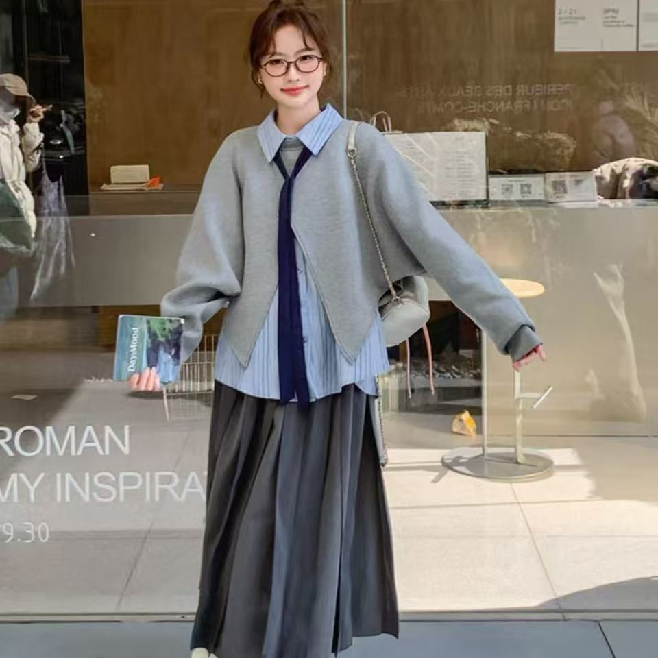 胖MM休闲风学院风时尚套装裙子韩版半裙女装开衫时尚上衣