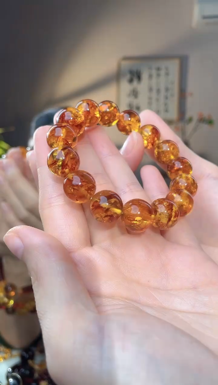 裸石琥珀未镶嵌14+ 花珀圆珠手串