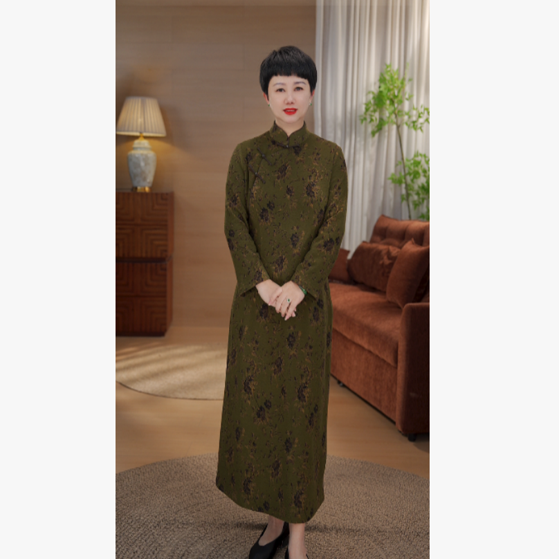 蔷薇  25年冬加绒羊毛桑蚕丝弹力新中式立领复古A版女款旗袍K76-8