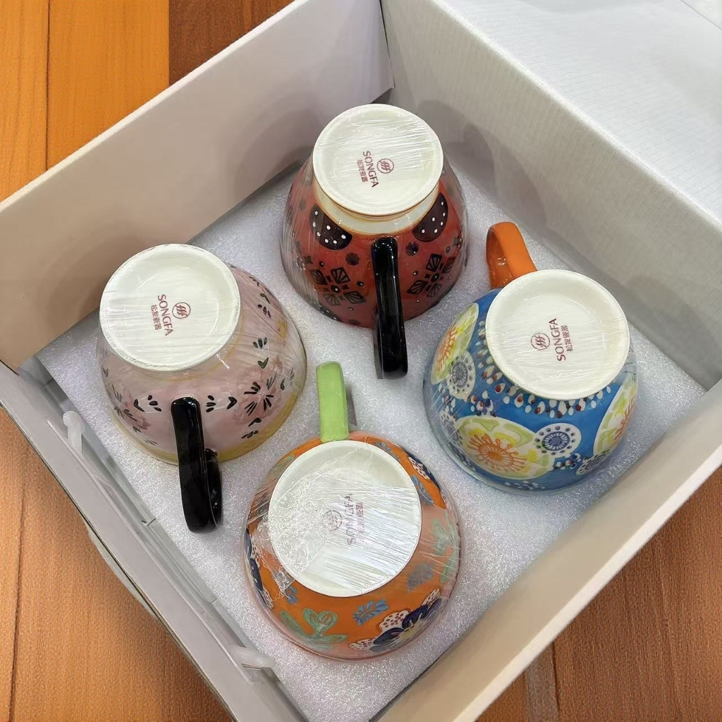 （松）精品杯子 彩绘繁花陶瓷杯早餐杯