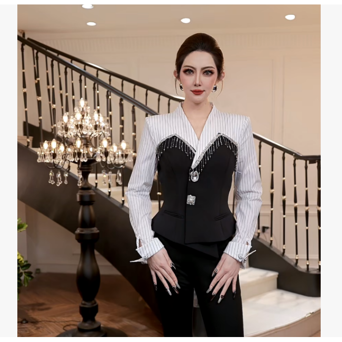 【FUNANI】 气质轻奢流苏修身条纹重工原创设计感衬衫上衣X2531662A