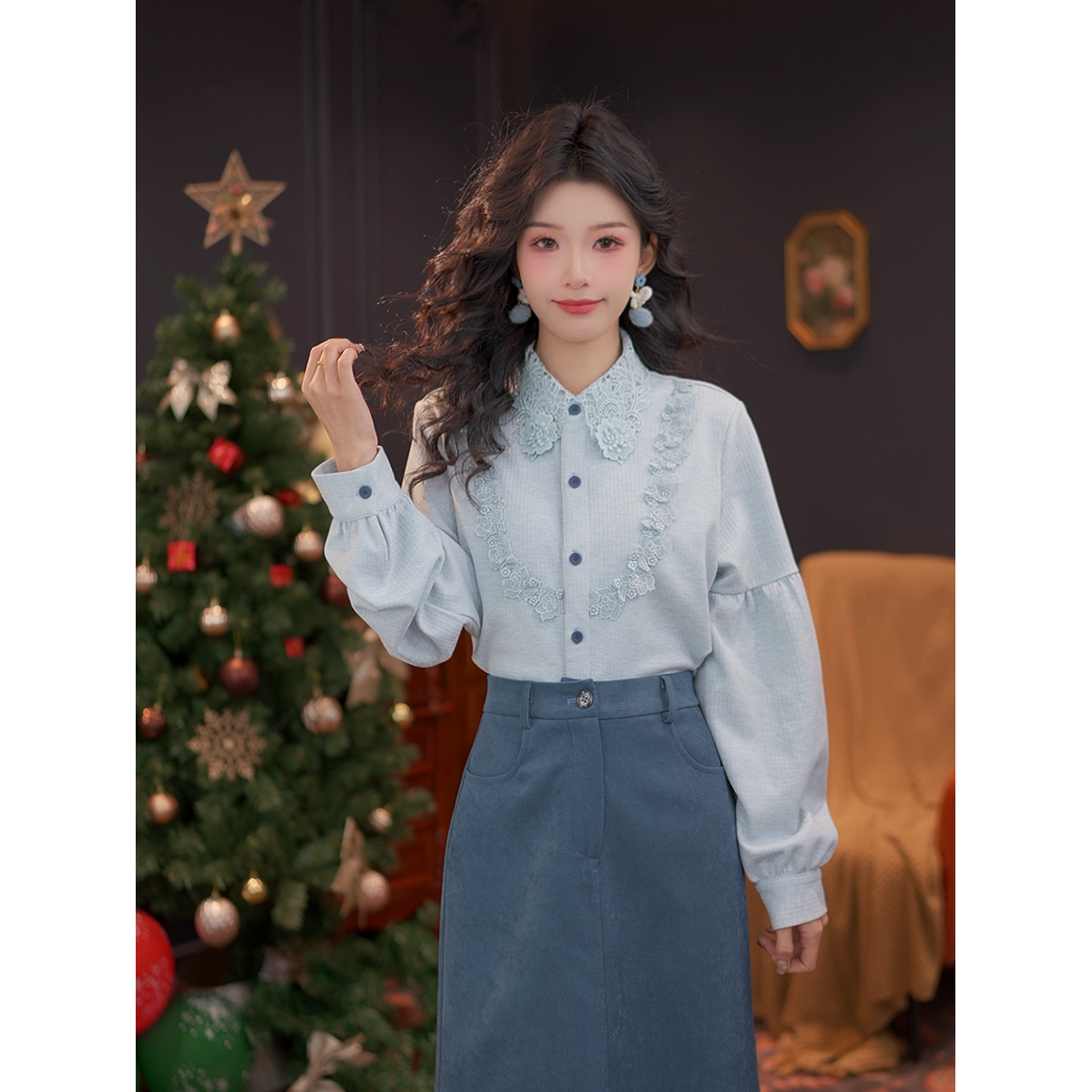 DaYuanSAD【雾冰】思思复古蕾丝翻领叠穿打底上衣长袖衬衫女#S15060