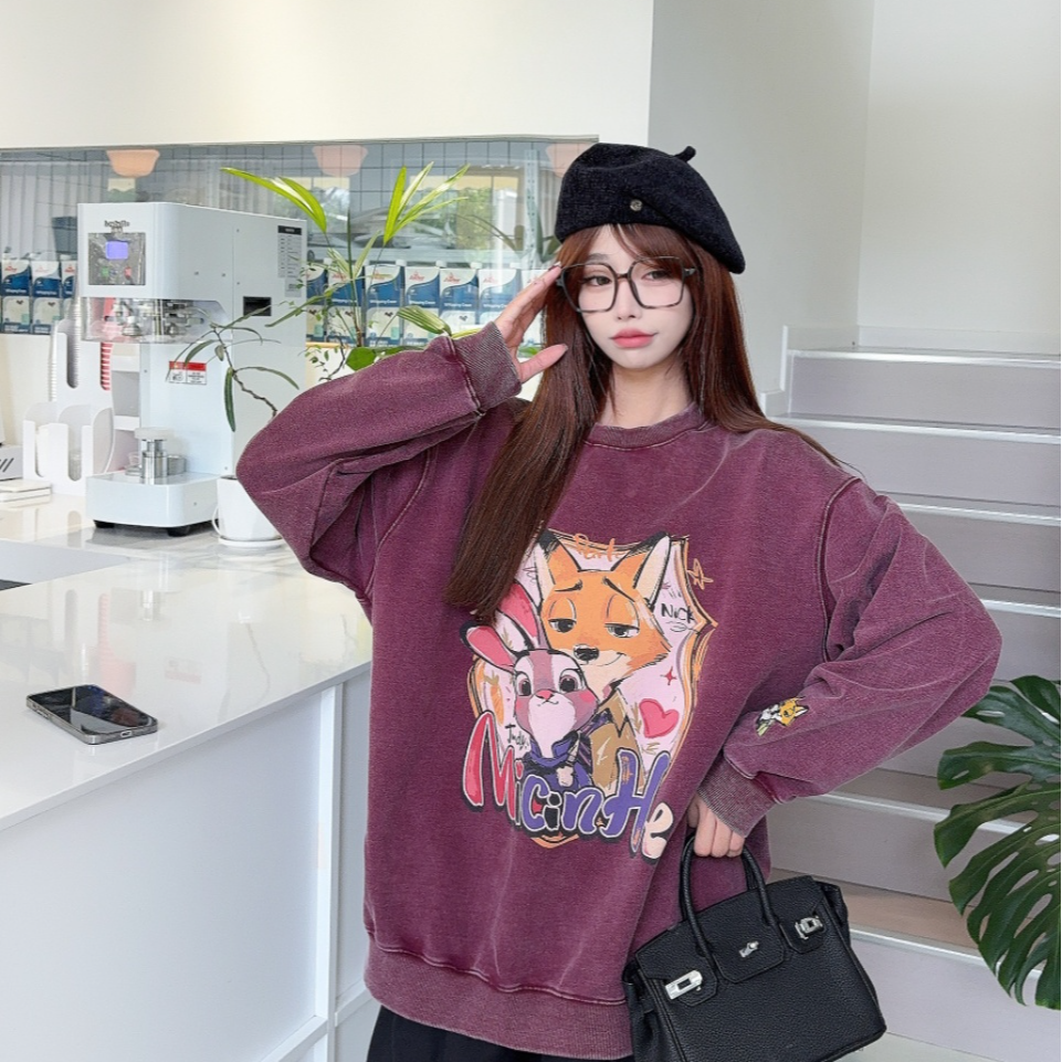 纸袋家秋季新款「印花搭档狐狸兔子毛圈卫衣」09075炒色纯棉上衣