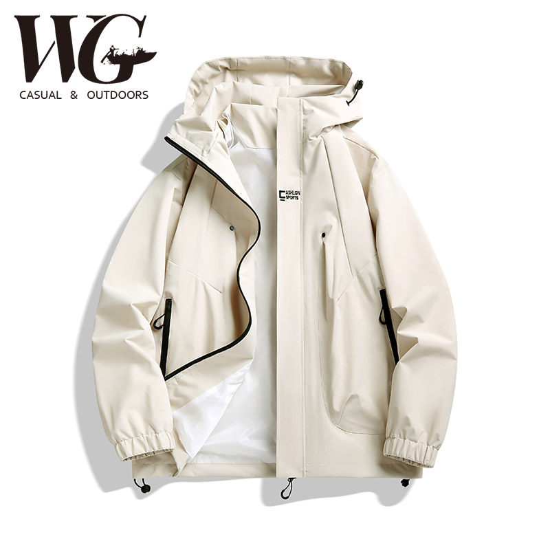 未谷男装春秋户外连帽冲锋衣男复古宽松百搭休闲夹克外套745-DB