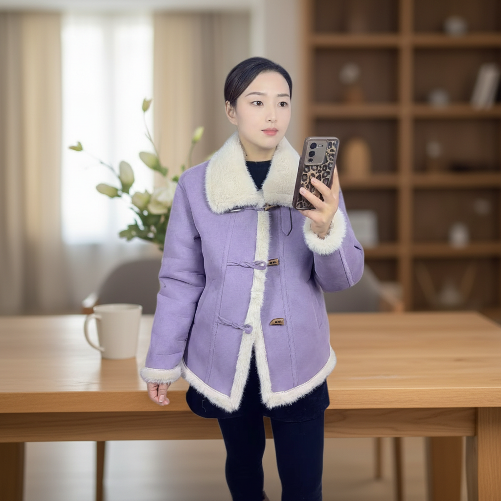 2026新款冬季女时尚百搭牛角扣加厚环保麂皮绒毛毛上衣外套秋冬