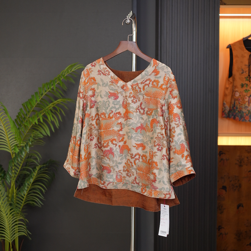 【锦绣山河】中式国风重缎老料V领七分袖不规则双鱼1672