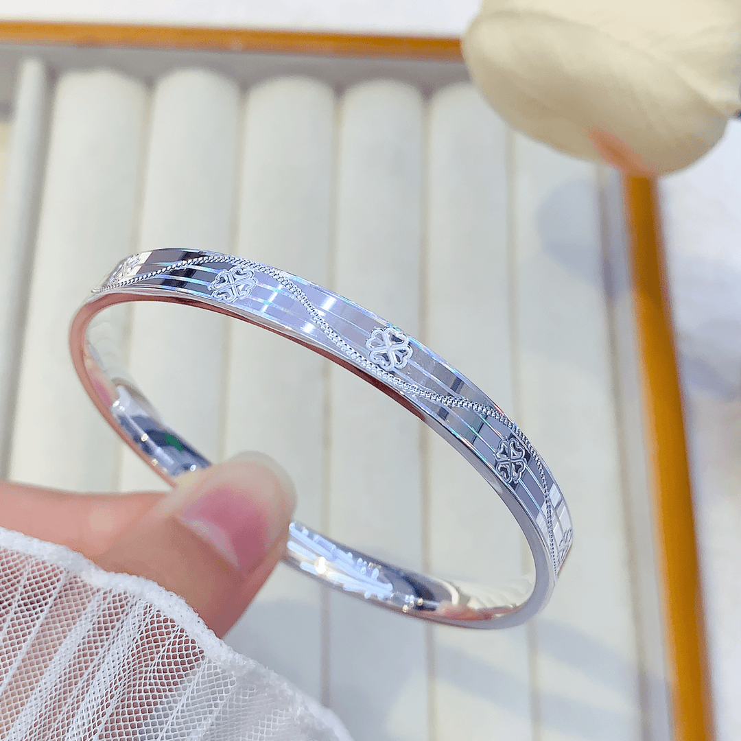 足银手镯 足银999.9闭口手镯女实心拉丝简约四叶草银镯子女款亮面