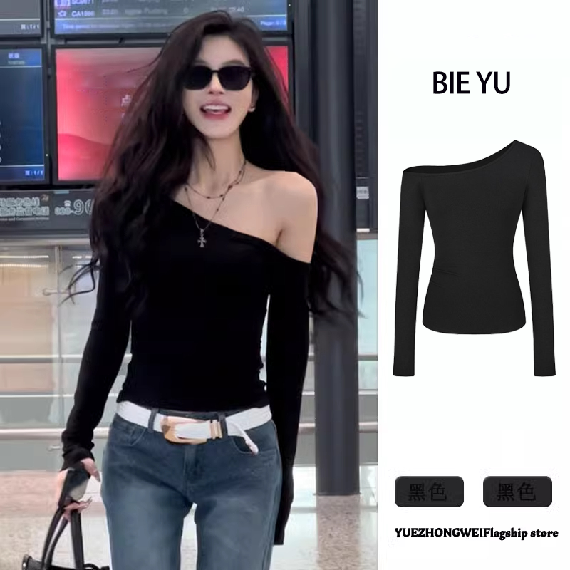 黑色不规则斜肩长袖T恤女2025早春季新款修身辣妹露肩打底衫上衣