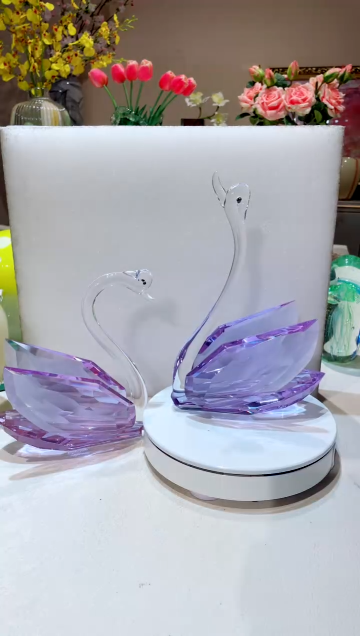 【闪购商品】琉璃手工艺品大号紫色水晶天鹅一对
