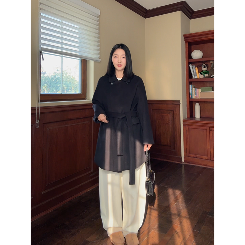 郭九九呢 羊毛气质简约翻领收腰毛呢大衣加绒弯刀裤 G925A17413-1