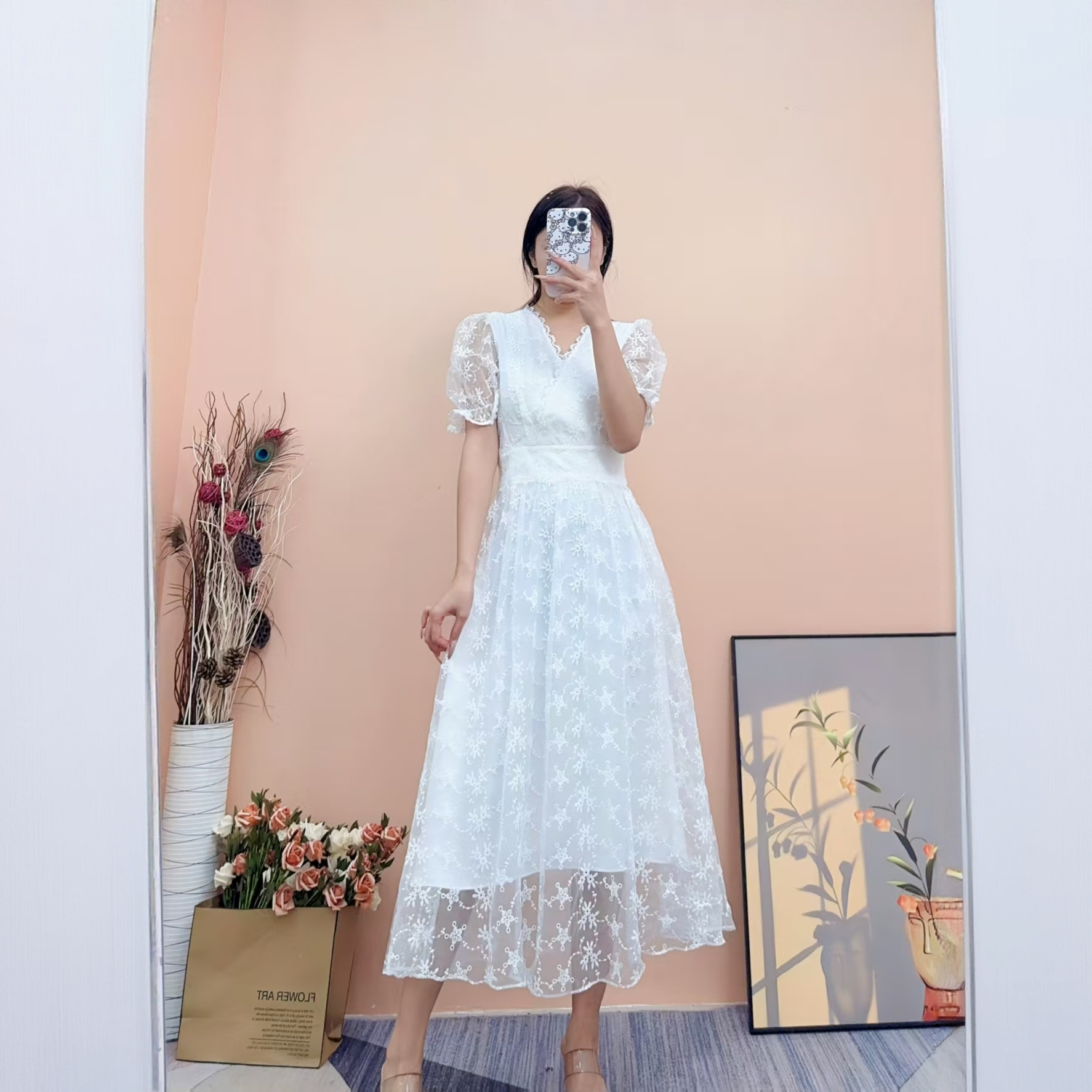 [依易原创]气质轻奢高定刺绣蕾丝高腰网纱泡泡袖公主裙B0517