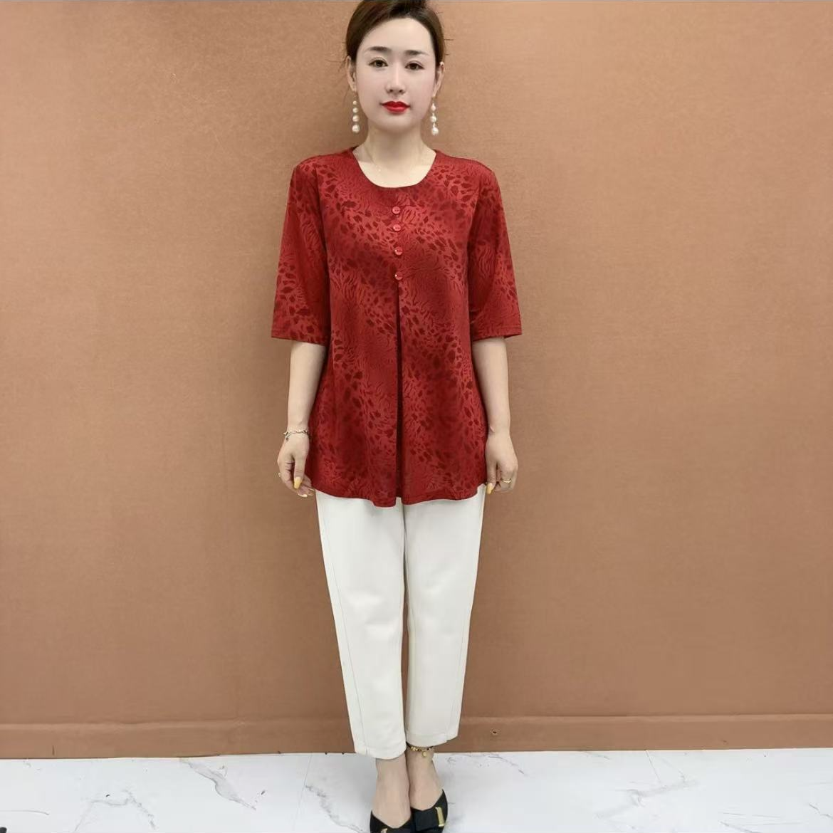 妈妈夏装洋气圆领小衫2025新款中年女装大码气质减龄花色T恤上衣