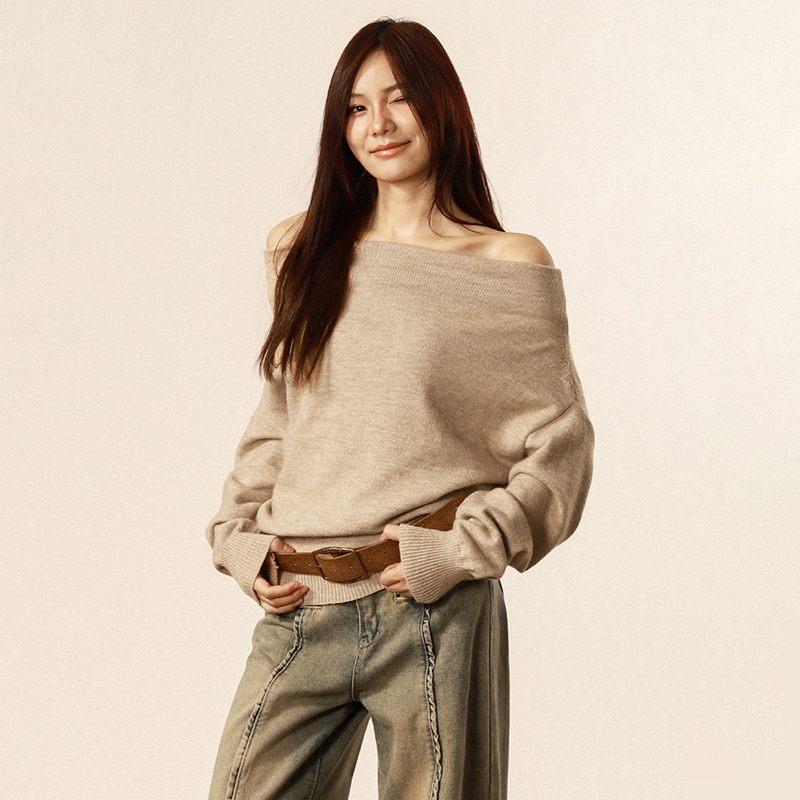 ROMORE 美式复古一字领露肩毛针织衫女春季时尚百搭宽松显瘦上衣