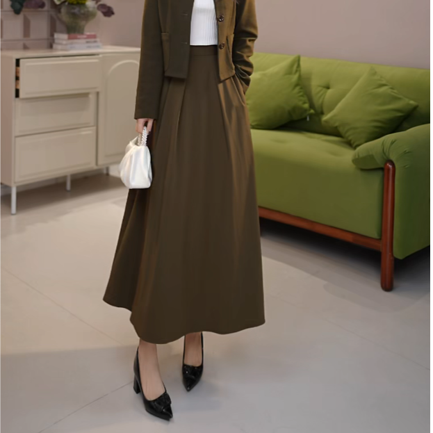 GIRDEAR/哥弟新中式百搭高腰复古中长伞裙百褶显瘦半身裙1200366