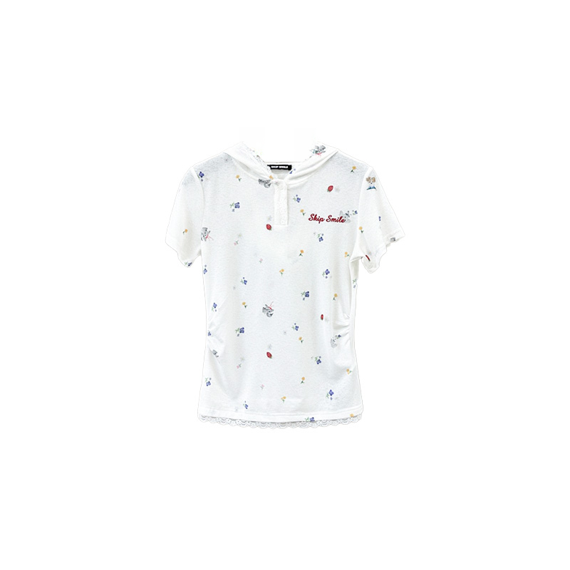 南油小众设计师新品连帽蕾丝边短袖T恤