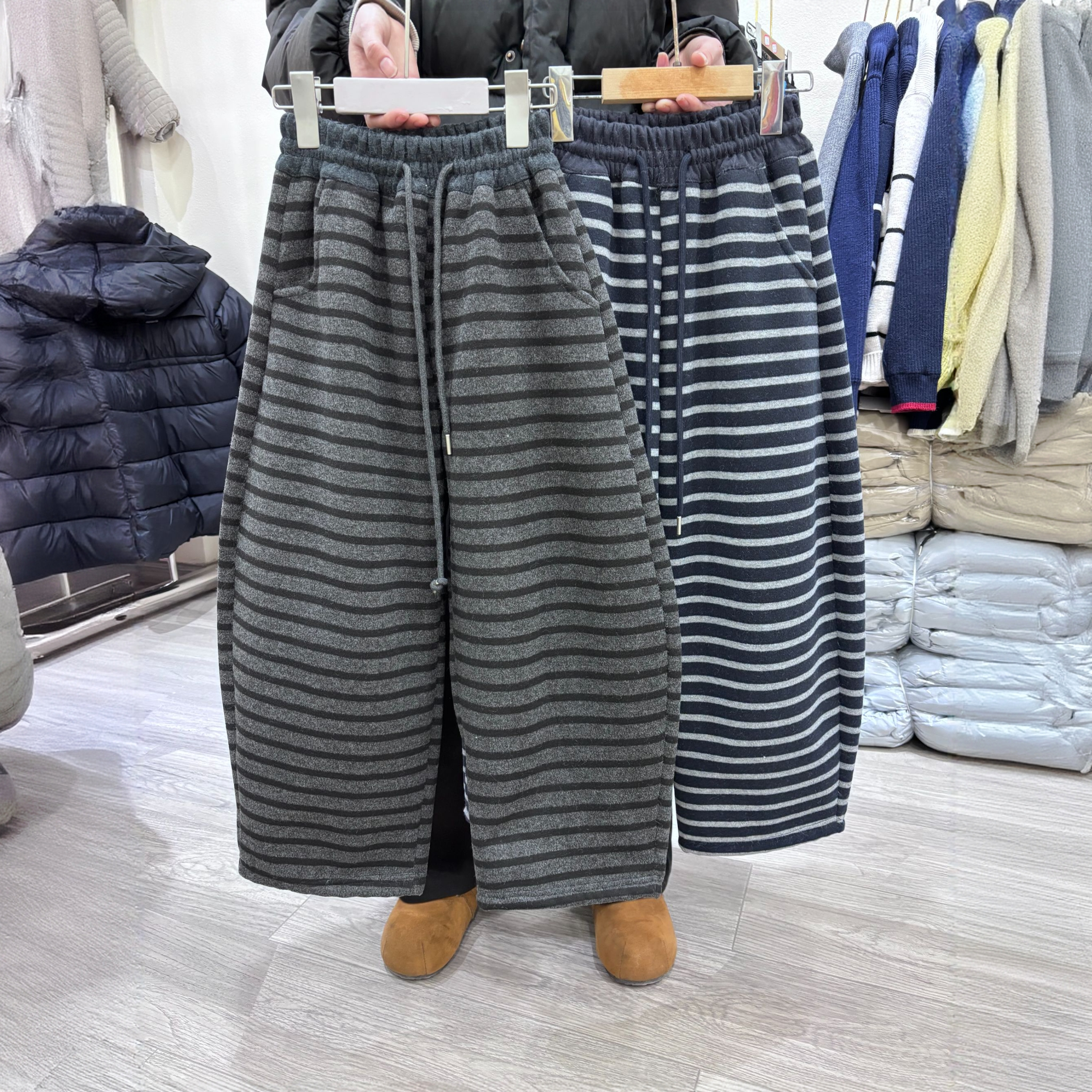 男女童糯米条纹直筒裤韩版时尚百搭秋冬加绒兔毛宽松阔腿裤中大