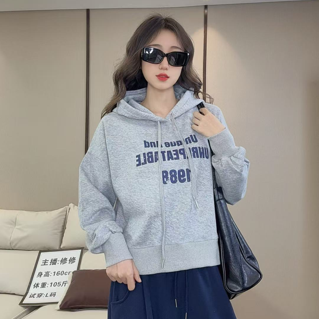 冬季连帽女卫衣宽松带帽上衣女装加绒百搭休闲时尚印花韩版秋冬