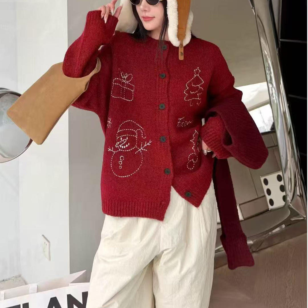诗歌兰2025冬红色宽松型欧美风钩花圆领毛衣开衫时尚ins女羊毛衫
