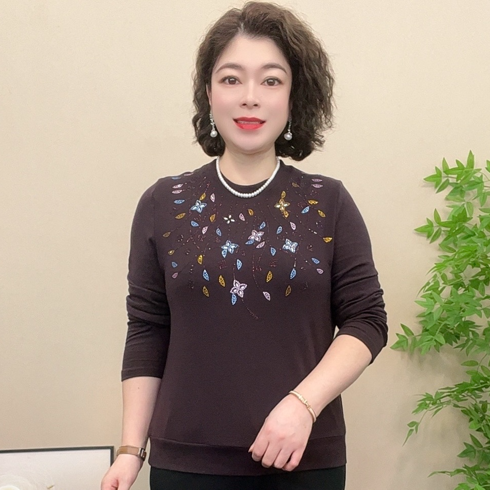 长袖妈妈装秋季打底时尚中老年女装圆领百搭烫钻宽松弹力女士气质