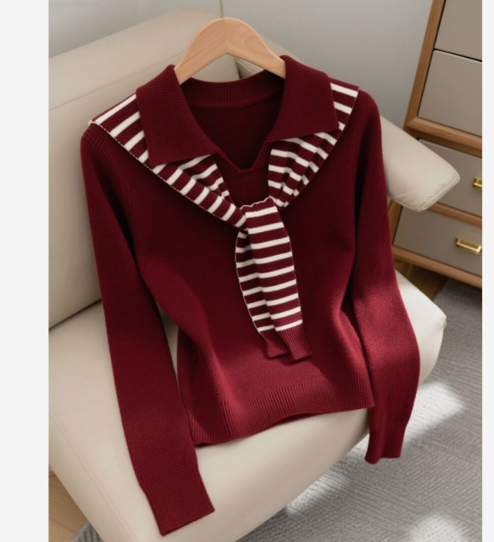 翻领搭肩小马标刺绣修身显瘦长袖针织衫条纹披肩两件套毛衣毛织衫
