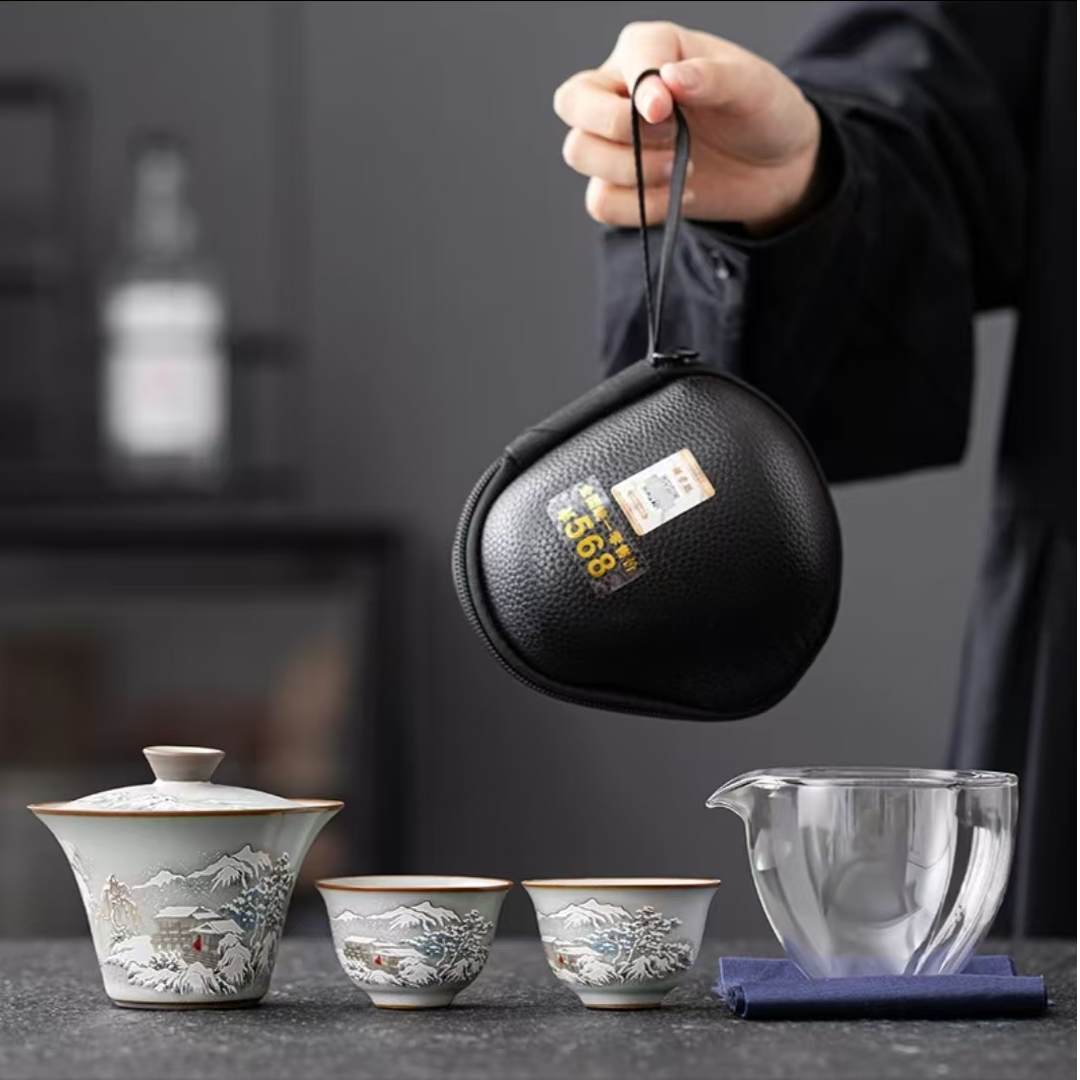 掐银丝开片汝窑雪景功夫旅行茶具套装一壶二杯户外家用便携式茶器