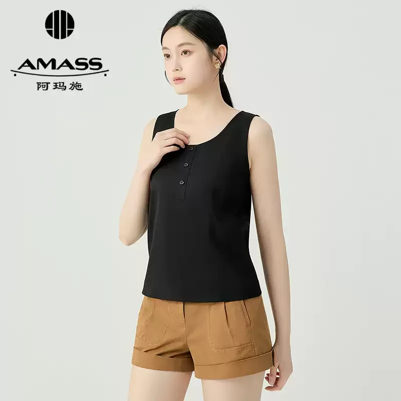 AMASS/阿玛施新款简约纯色装饰扣丝质薄款吊带背心修身打底530073