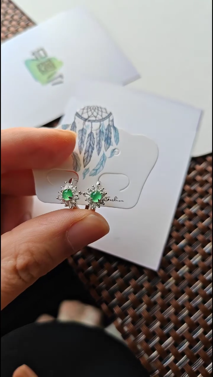 【闪购商品】翡翠耳饰银S925镶嵌翡翠耳饰S925银镶嵌