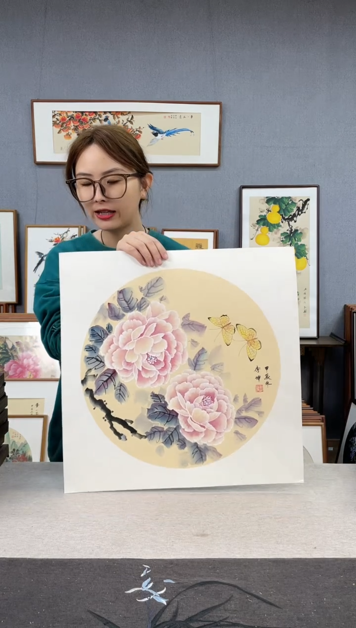 【闪购商品】国画李坤-手绘带框作品-53*53-牡丹