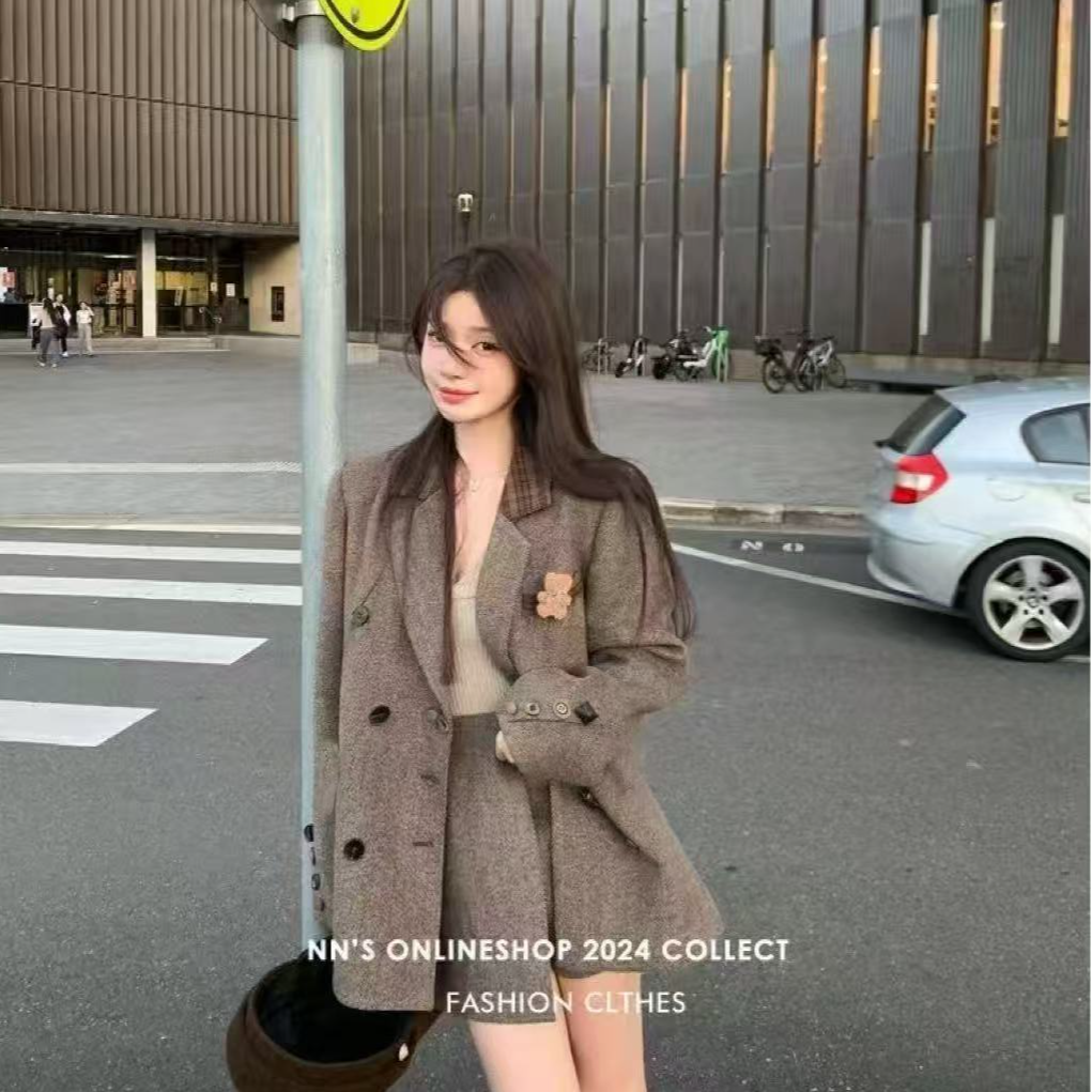 【现货】秋冬学院风穿搭套装复古夹棉加厚长袖西装外套女+半身裤裙