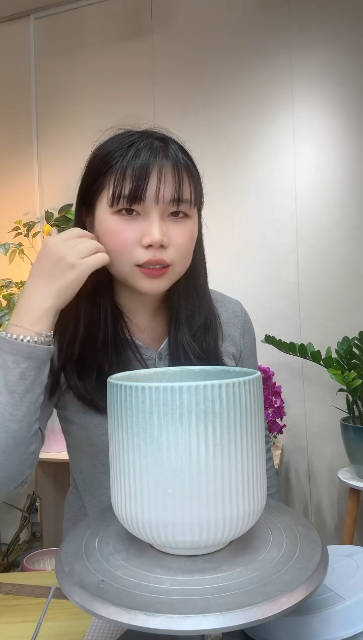 陶瓷花盆 渐变绿 罗马柱 口径15/高度15