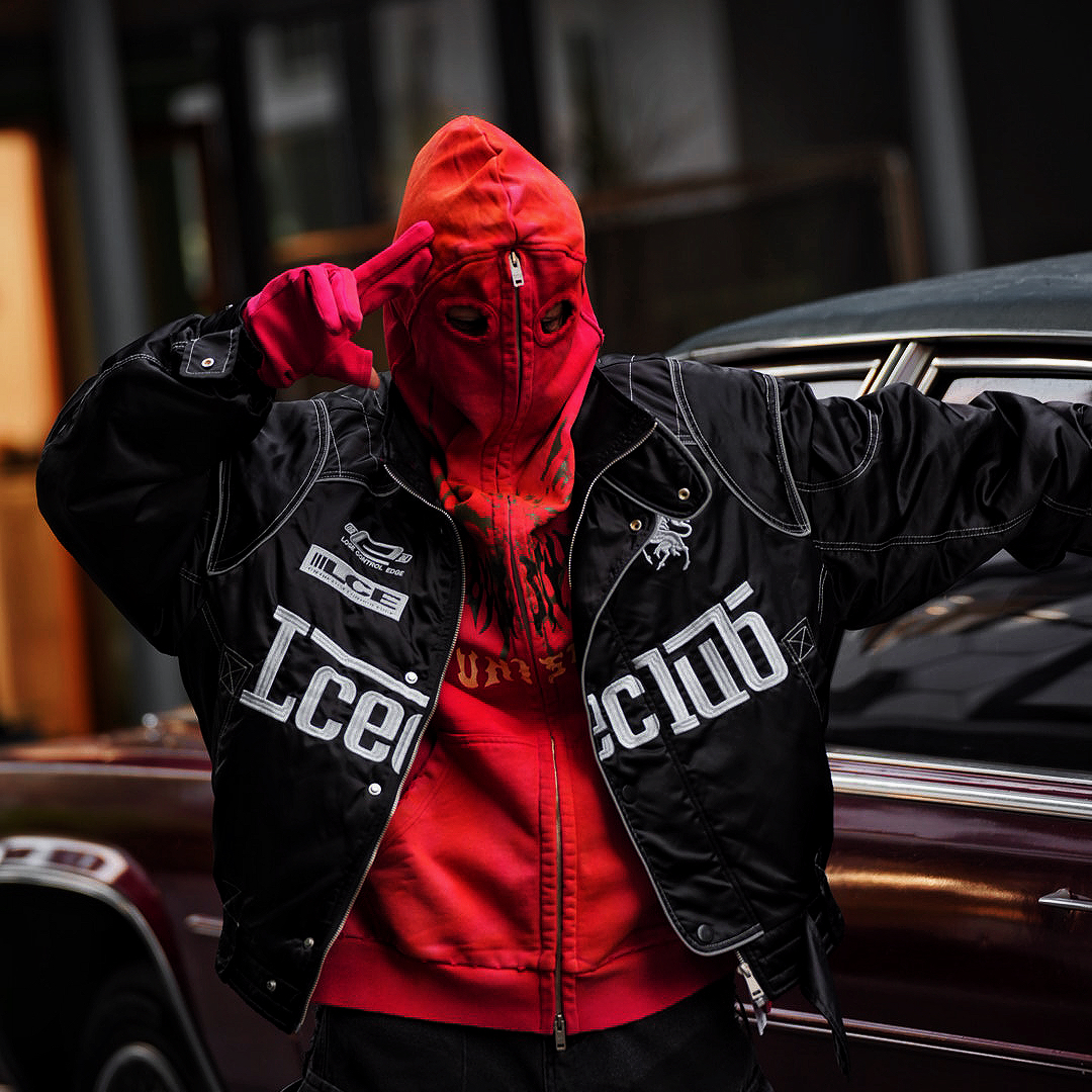 【F1机车服暗黑机能冲锋甲】冬季外套口袋拼接胶片潮牌痞帅连帽夹克