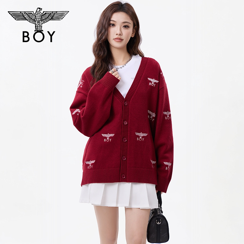 【雪意新春】BOYLONDON情侣流光风圣诞新年红色满印毛衣开衫N64900