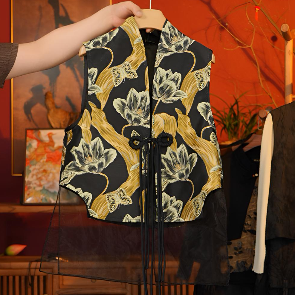 【日月镜】S2243柠黄色浮雕刺绣拼接欧根纱马甲