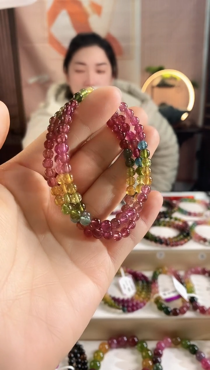 未镶嵌手链碧玺G2642三圈颜色微差