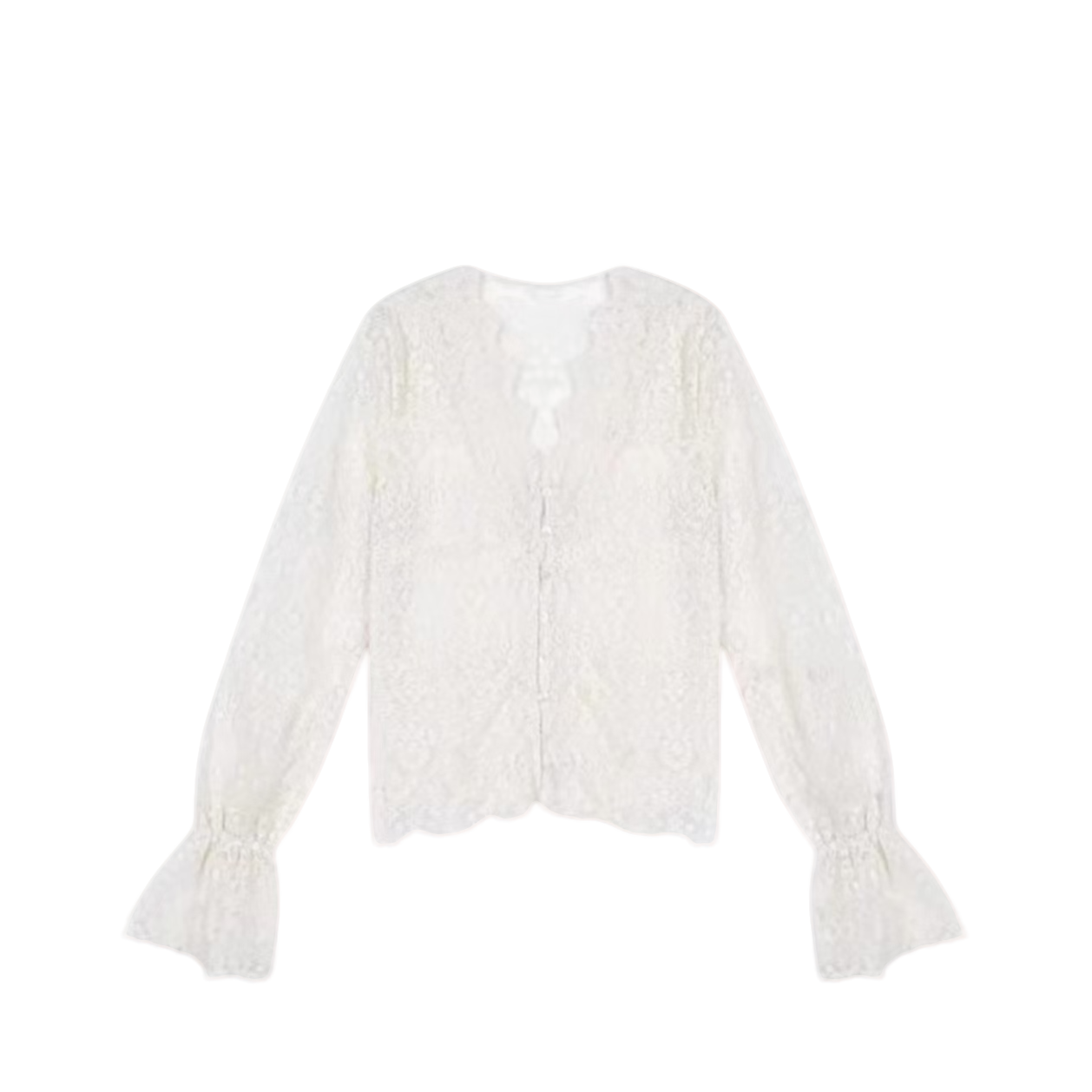 气质钩花镂空蕾丝衫女早秋薄款设计感V领喇叭袖小衫时尚百搭上衣