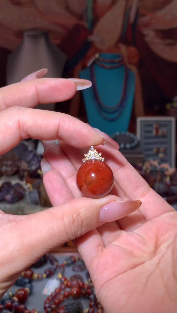 未镶嵌珠宝半成品水晶红极光玉化眼吊坠20mm