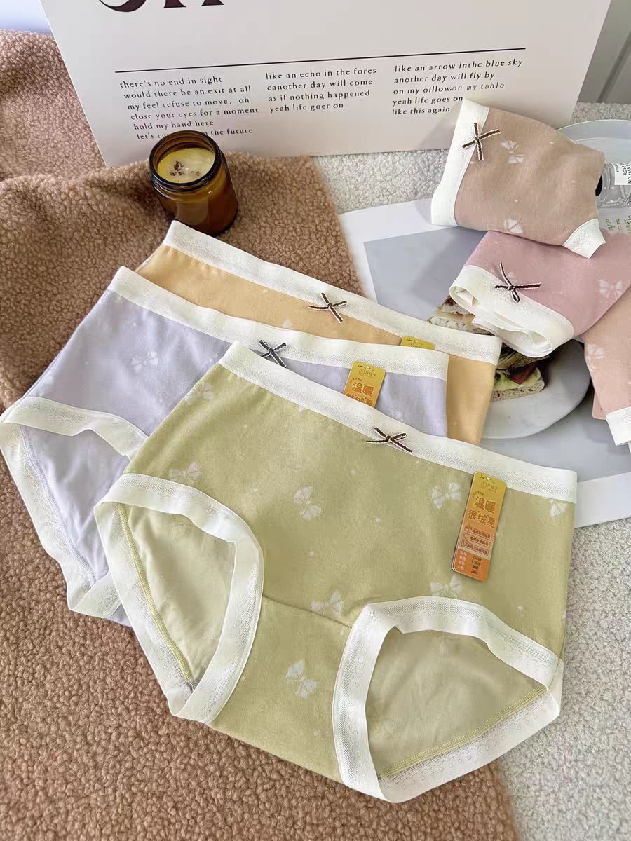 新品女士内裤秋冬中腰棉磨毛提花暖感10A抗菌25569