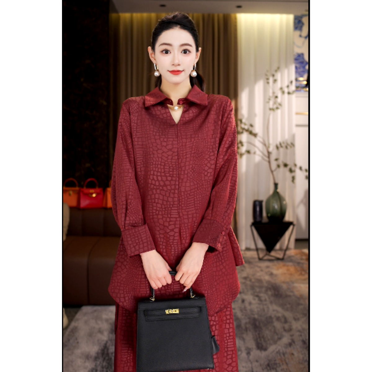 春季新品【红如意】高端纹理感长袖上衣宽松裤子红色套装-