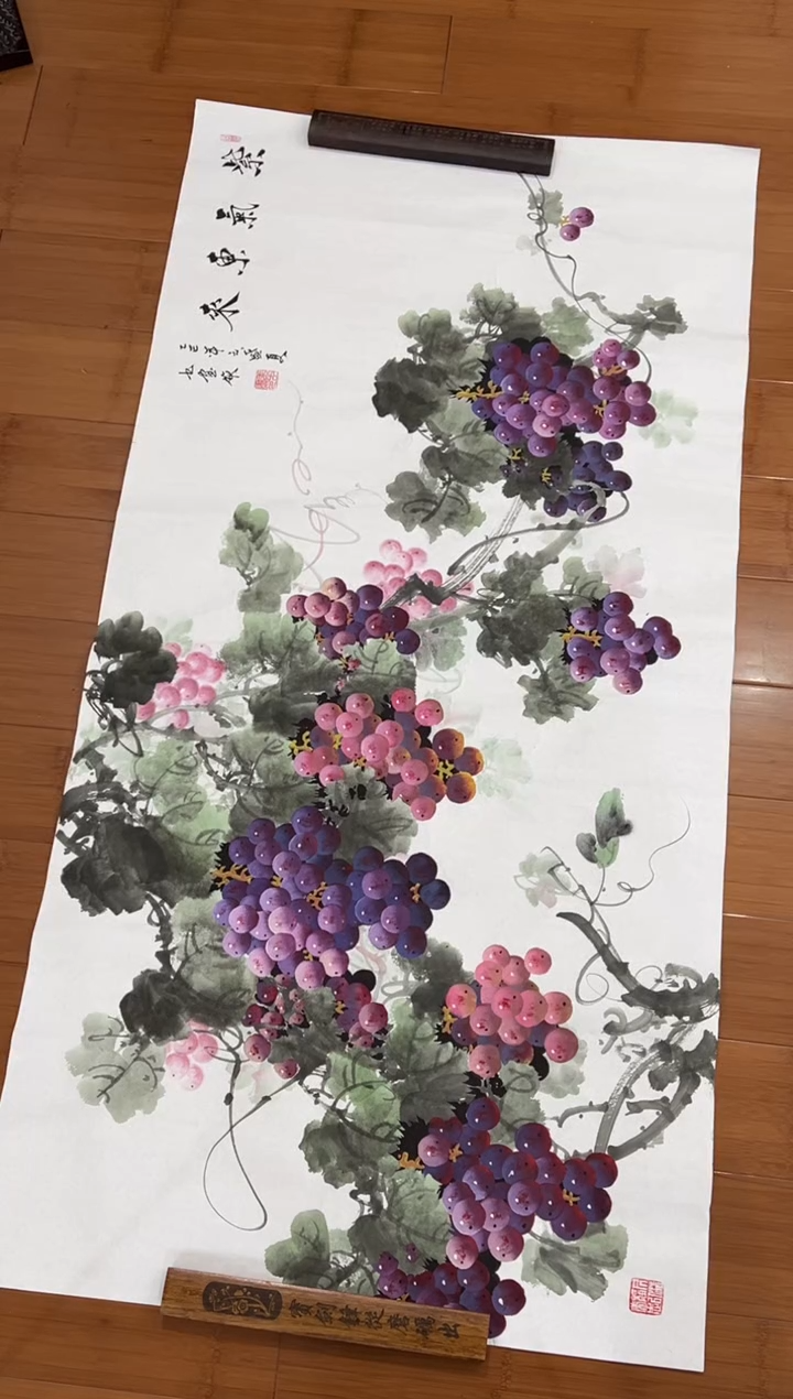 国画【福利，纯手工手绘】王九画葡萄横幅，宣纸138*68厘米
